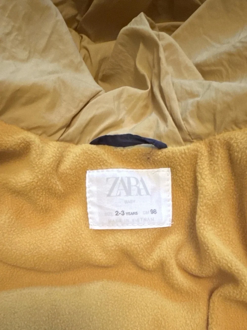 Zara Navy Puffer Jacket with Mustard Hood Lining